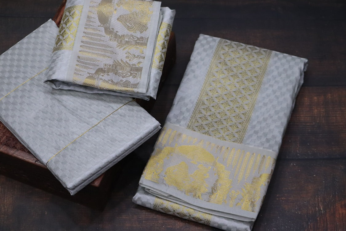 Aryan Silk Mix Ancient Metallic Silver Shirt Material+Dhoti Combo Set (ARULMOZHI EDITION)