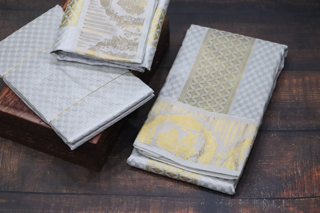 Aryan Silk Mix Ancient Metallic Silver Shirt Material+Dhoti Combo Set (ARULMOZHI EDITION)