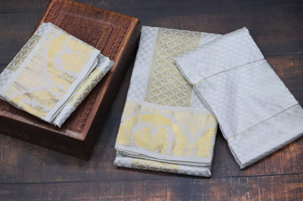Aryan Silk Mix Ancient Metallic Silver Shirt Material+Dhoti Combo Set (ARULMOZHI EDITION)