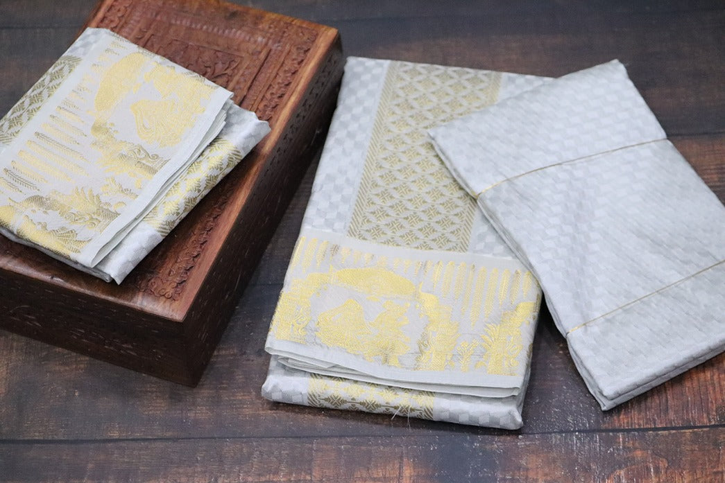 Aryan Silk Mix Ancient Metallic Silver Shirt Material+Dhoti Combo Set (ARULMOZHI EDITION)
