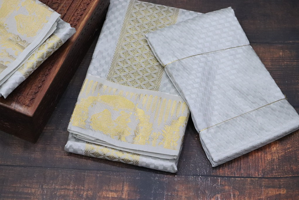 Aryan Silk Mix Ancient Metallic Silver Shirt Material+Dhoti Combo Set (ARULMOZHI EDITION)
