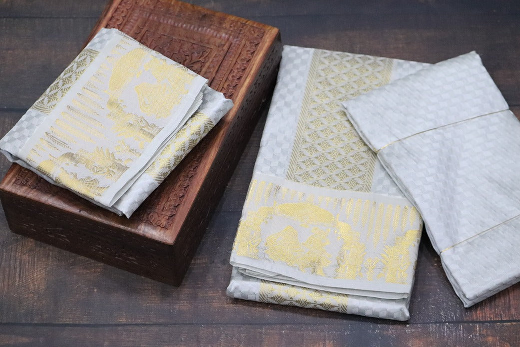Aryan Silk Mix Ancient Metallic Silver Shirt Material+Dhoti Combo Set (ARULMOZHI EDITION)