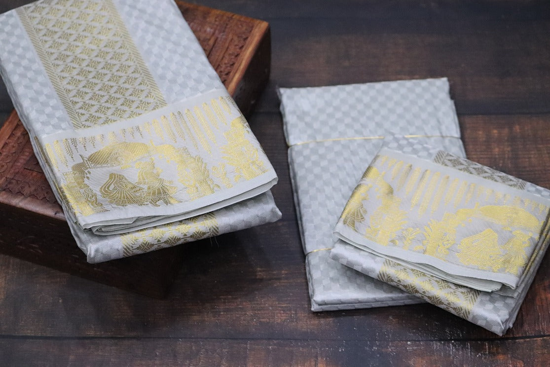 Aryan Silk Mix Ancient Metallic Silver Shirt Material+Dhoti Combo Set (ARULMOZHI EDITION)