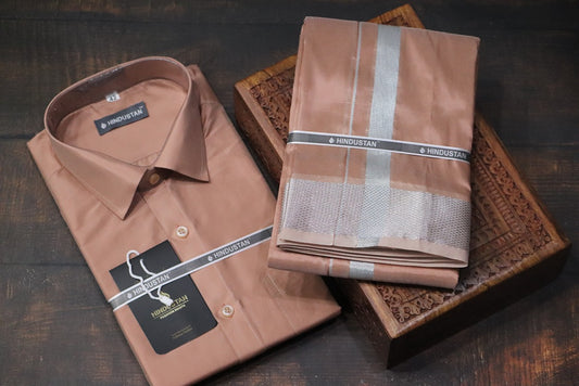 Artsilk Copper Shirt + Copper Dhoti with 100k Silver Border Set - Full Sleeve