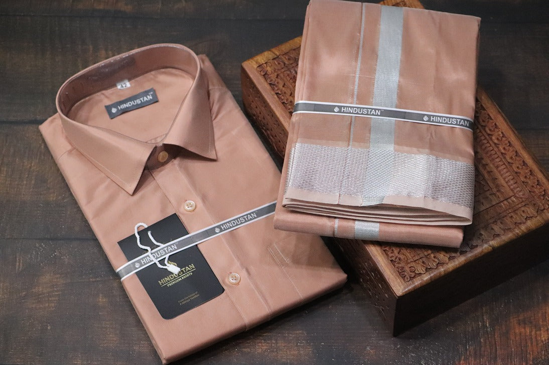 Artsilk Copper Shirt + Copper Dhoti with 100k Silver Border Set - Full Sleeve