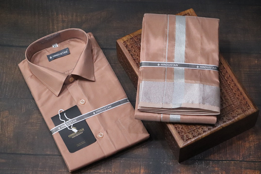 Artsilk Copper Shirt + Copper Dhoti with 100k Silver Border Set - Full Sleeve