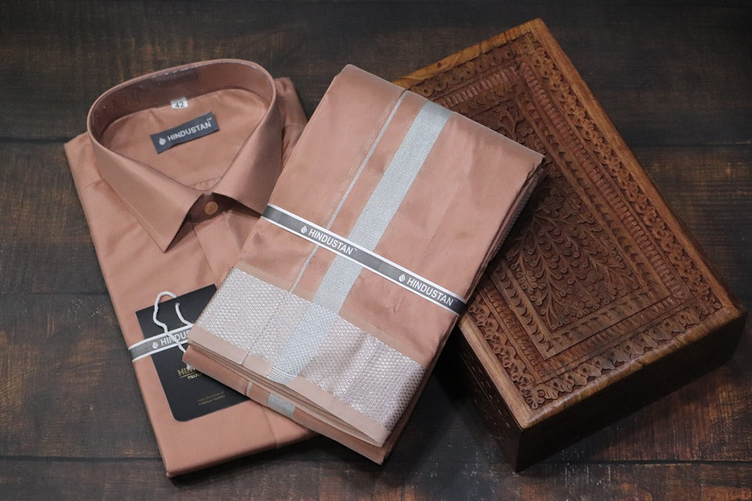 Artsilk Copper Shirt + Copper Dhoti with 100k Silver Border Set - Full Sleeve