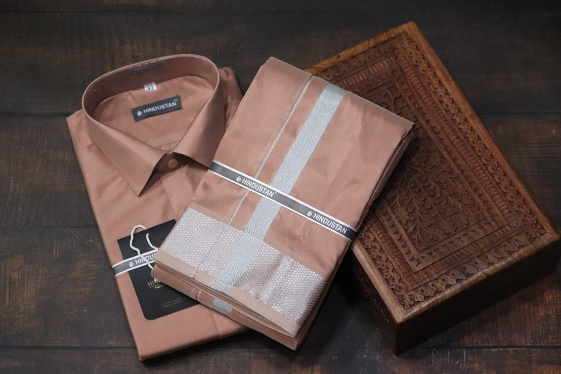 Artsilk Copper Shirt + Copper Dhoti with 100k Silver Border Set - Full Sleeve
