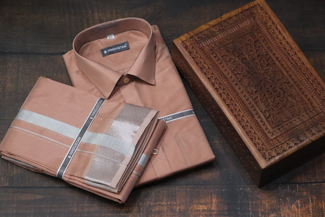 Artsilk Copper Shirt + Copper Dhoti with 100k Silver Border Set - Full Sleeve