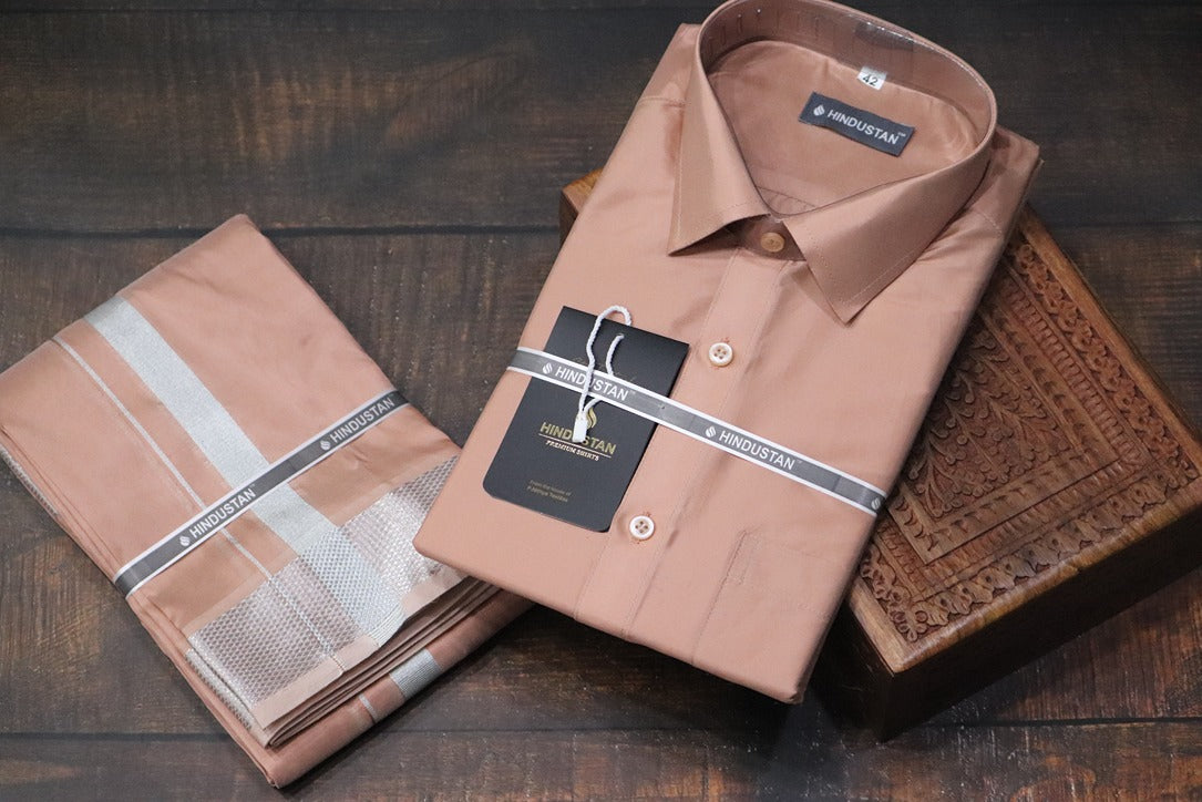 Artsilk Copper Shirt + Copper Dhoti with 100k Silver Border Set - Full Sleeve