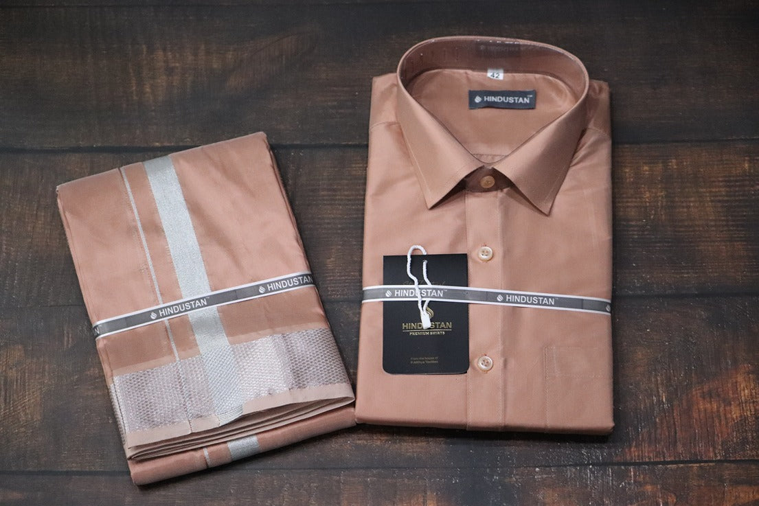 Artsilk Copper Shirt + Copper Dhoti with 100k Silver Border Set - Full Sleeve