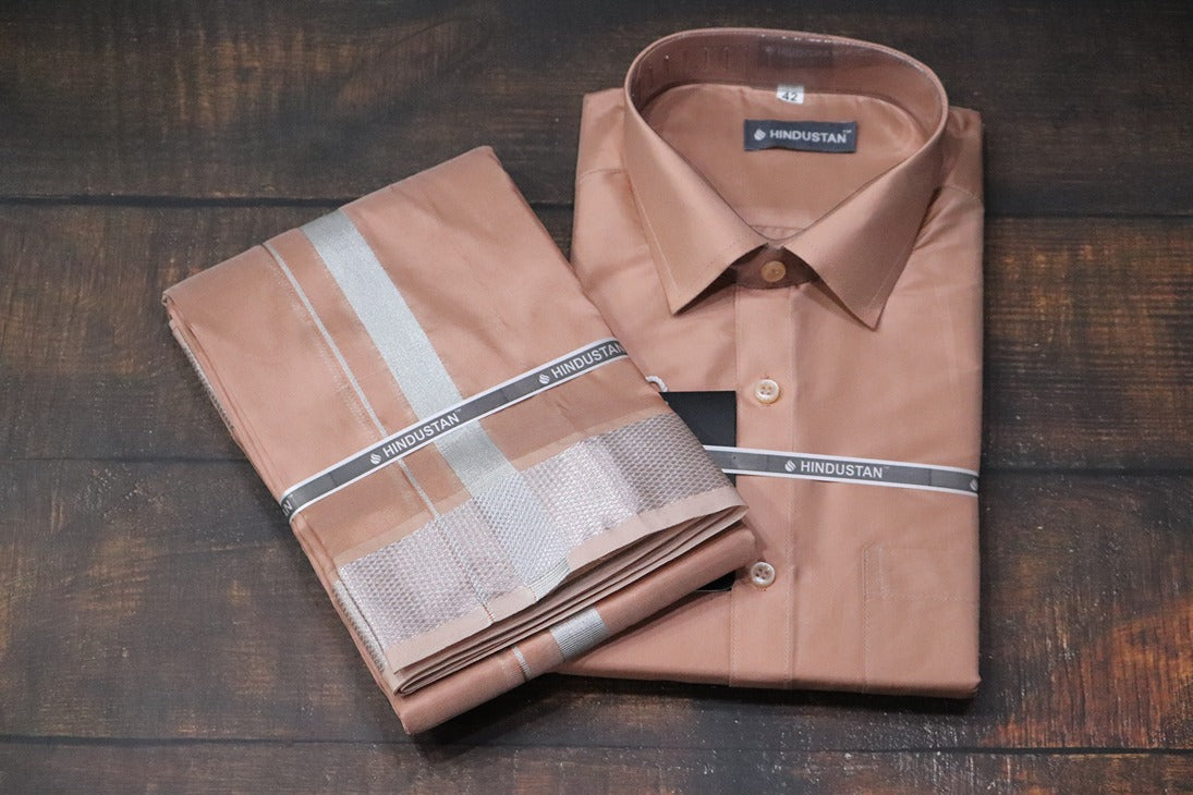 Artsilk Copper Shirt + Copper Dhoti with 100k Silver Border Set - Full Sleeve