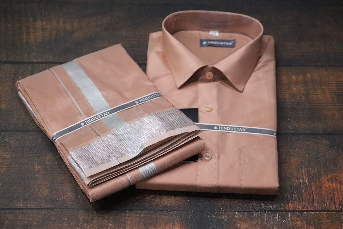 Artsilk Copper Shirt + Copper Dhoti with 100k Silver Border Set - Full Sleeve