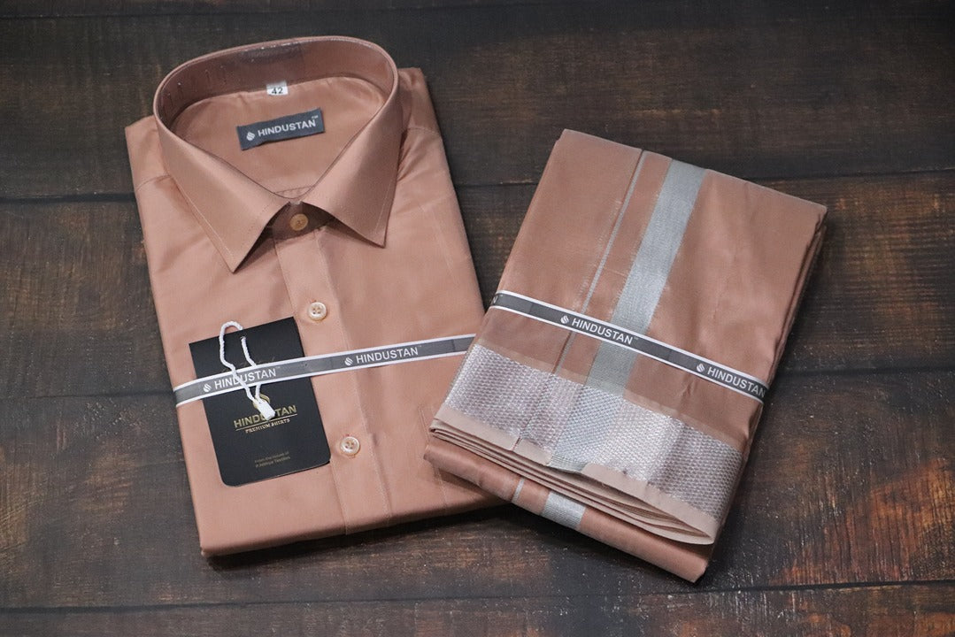 Artsilk Copper Shirt + Copper Dhoti with 100k Silver Border Set - Full Sleeve
