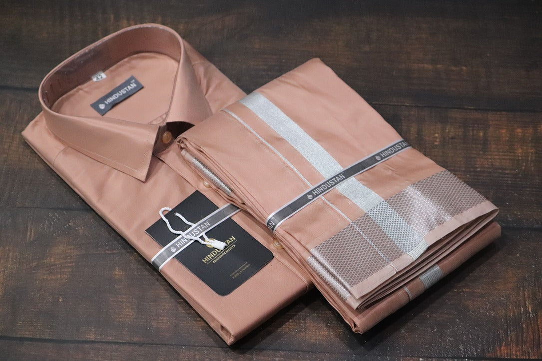 Artsilk Copper Shirt + Copper Dhoti with 100k Silver Border Set - Full Sleeve