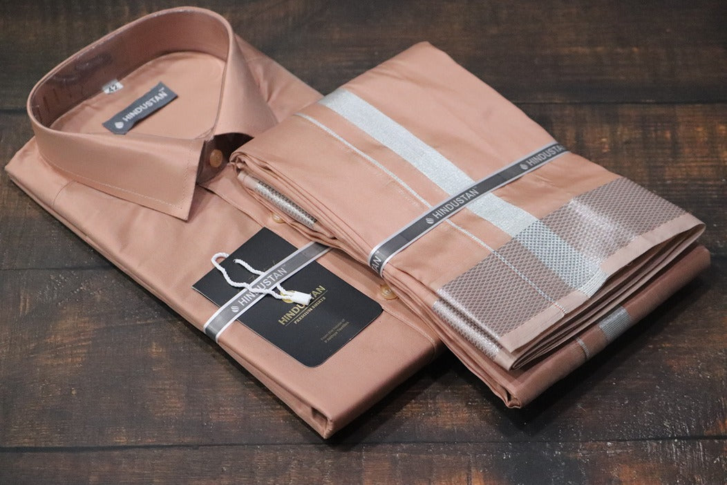 Artsilk Copper Shirt + Copper Dhoti with 100k Silver Border Set - Full Sleeve