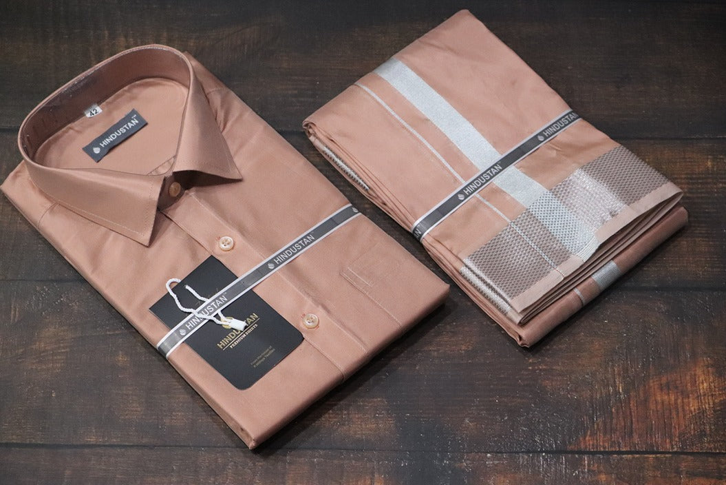 Artsilk Copper Shirt + Copper Dhoti with 100k Silver Border Set - Full Sleeve