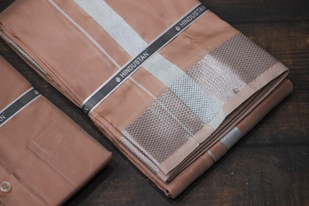 Artsilk Copper Shirt + Copper Dhoti with 100k Silver Border Set - Full Sleeve