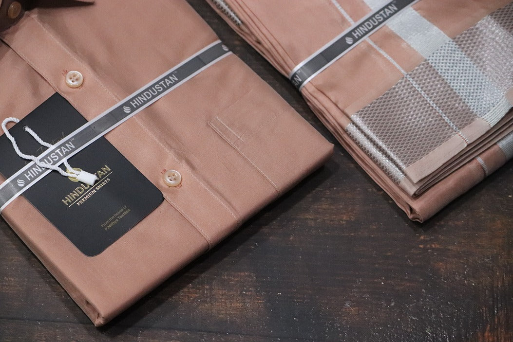 Artsilk Copper Shirt + Copper Dhoti with 100k Silver Border Set - Full Sleeve