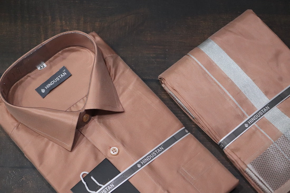 Artsilk Copper Shirt + Copper Dhoti with 100k Silver Border Set - Full Sleeve
