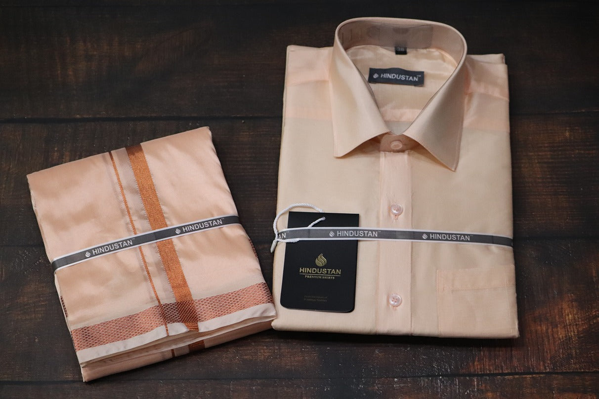 Artsilk Coral Shirt + Dhoti with 50k Copper Border Set - Full Sleeve