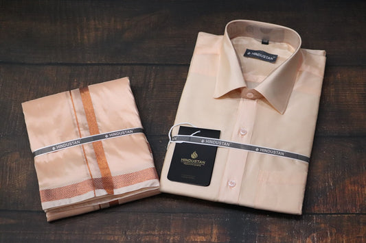 Artsilk Coral Shirt + Dhoti with 50k Copper Border Set - Full Sleeve