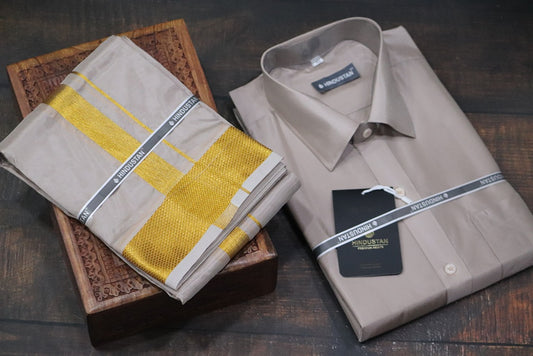 Artsilk Sandstone Shirt + Dhoti with 100k Gold Border Set - Full Sleeve