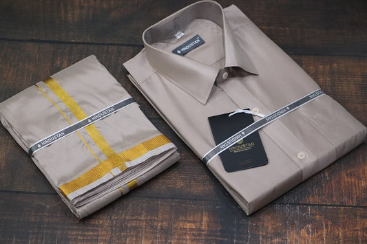 Artsilk Sandstone Shirt + Dhoti with 50k Gold Border Set - Full Sleeve
