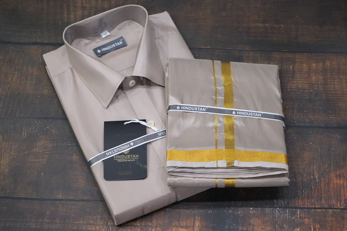 Artsilk Sandstone Shirt + Dhoti with 50k Gold Border Set - Full Sleeve