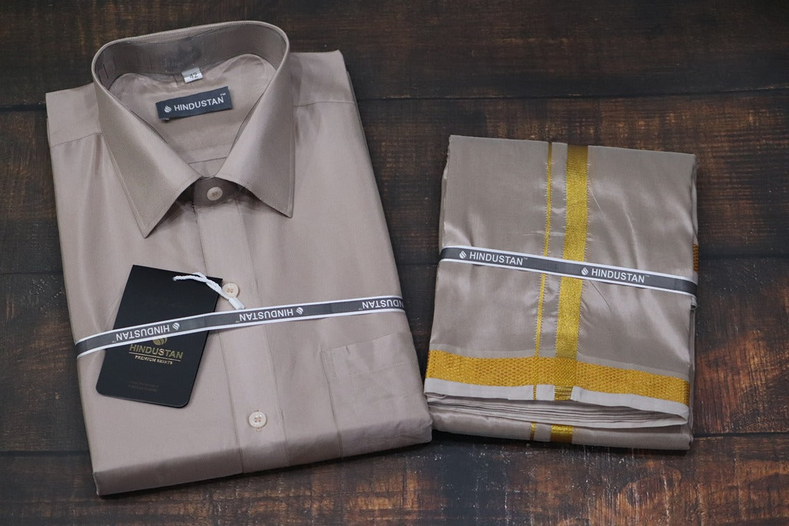 Artsilk Sandstone Shirt + Dhoti with 50k Gold Border Set - Full Sleeve