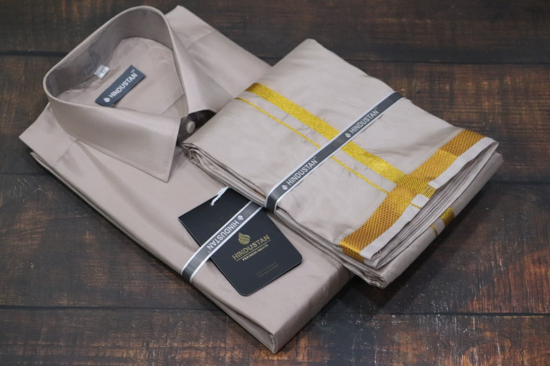 Artsilk Sandstone Shirt + Dhoti with 50k Gold Border Set - Full Sleeve