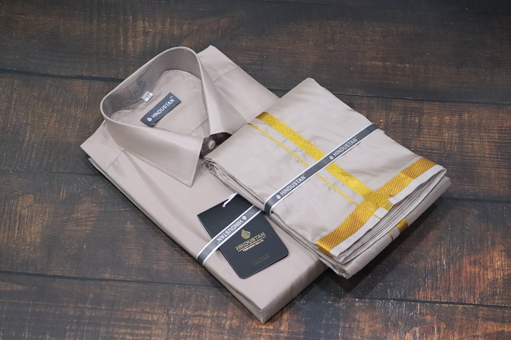 Artsilk Sandstone Shirt + Dhoti with 50k Gold Border Set - Full Sleeve