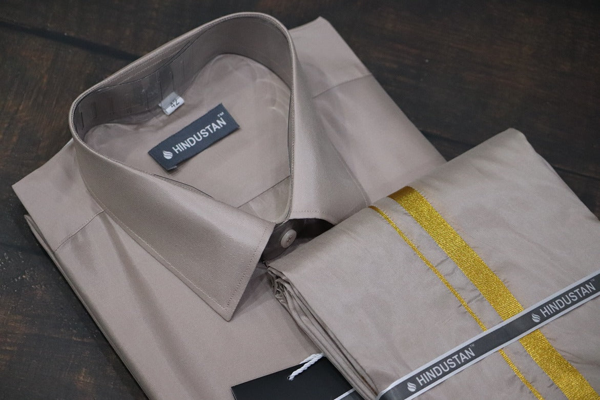 Artsilk Sandstone Shirt + Dhoti with 50k Gold Border Set - Full Sleeve