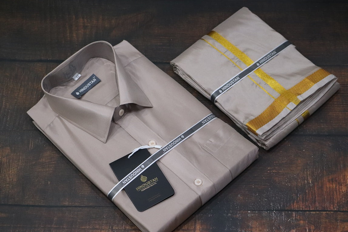 Artsilk Sandstone Shirt + Dhoti with 50k Gold Border Set - Full Sleeve