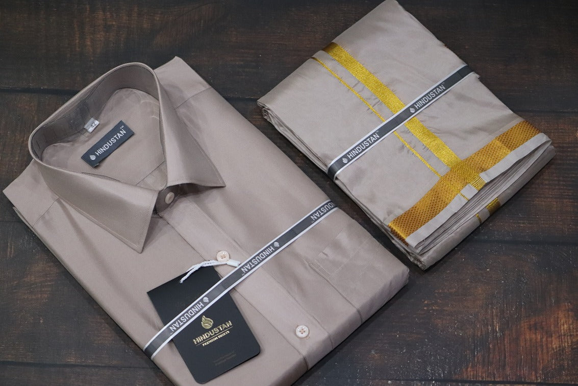 Artsilk Sandstone Shirt + Dhoti with 50k Gold Border Set - Full Sleeve
