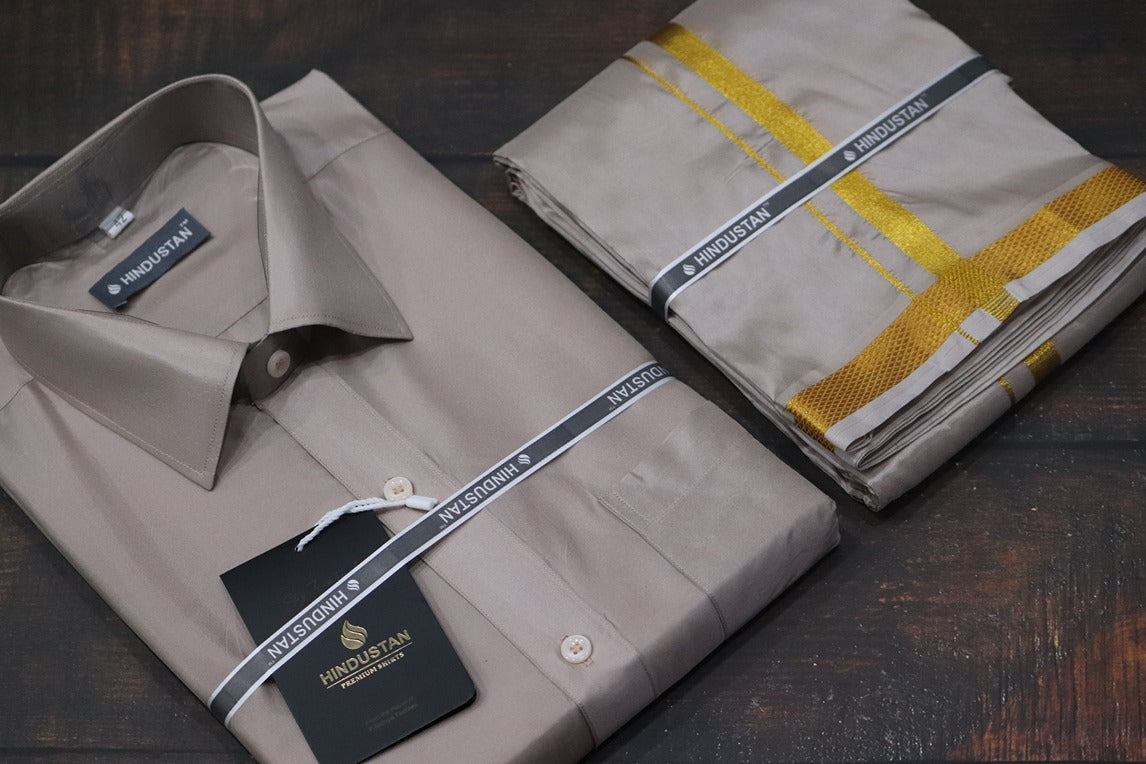 Artsilk Sandstone Shirt + Dhoti with 50k Gold Border Set - Full Sleeve