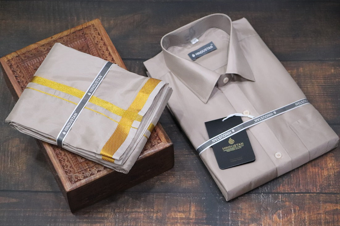 Artsilk Sandstone Shirt + Dhoti with 50k Gold Border Set - Full Sleeve
