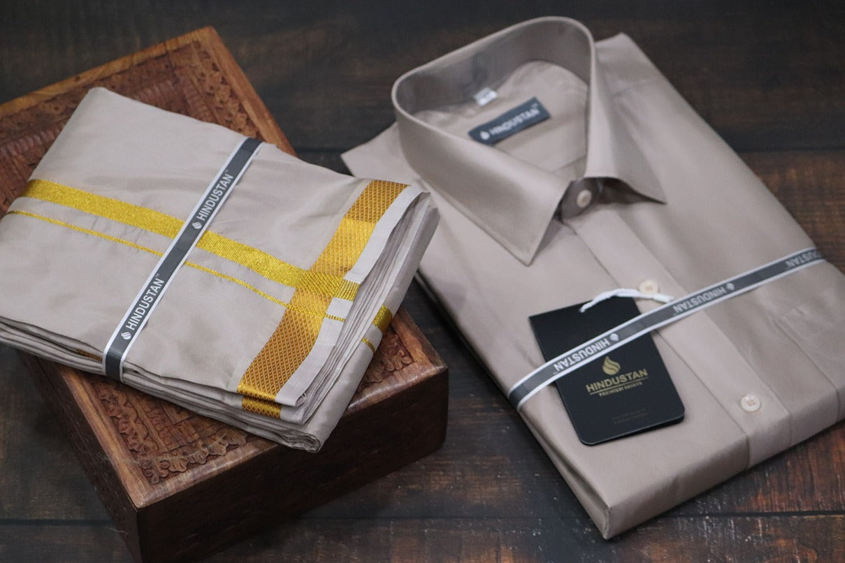 Artsilk Sandstone Shirt + Dhoti with 50k Gold Border Set - Full Sleeve