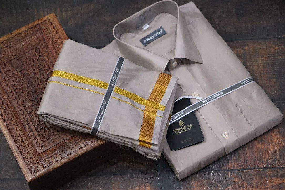 Artsilk Sandstone Shirt + Dhoti with 50k Gold Border Set - Full Sleeve