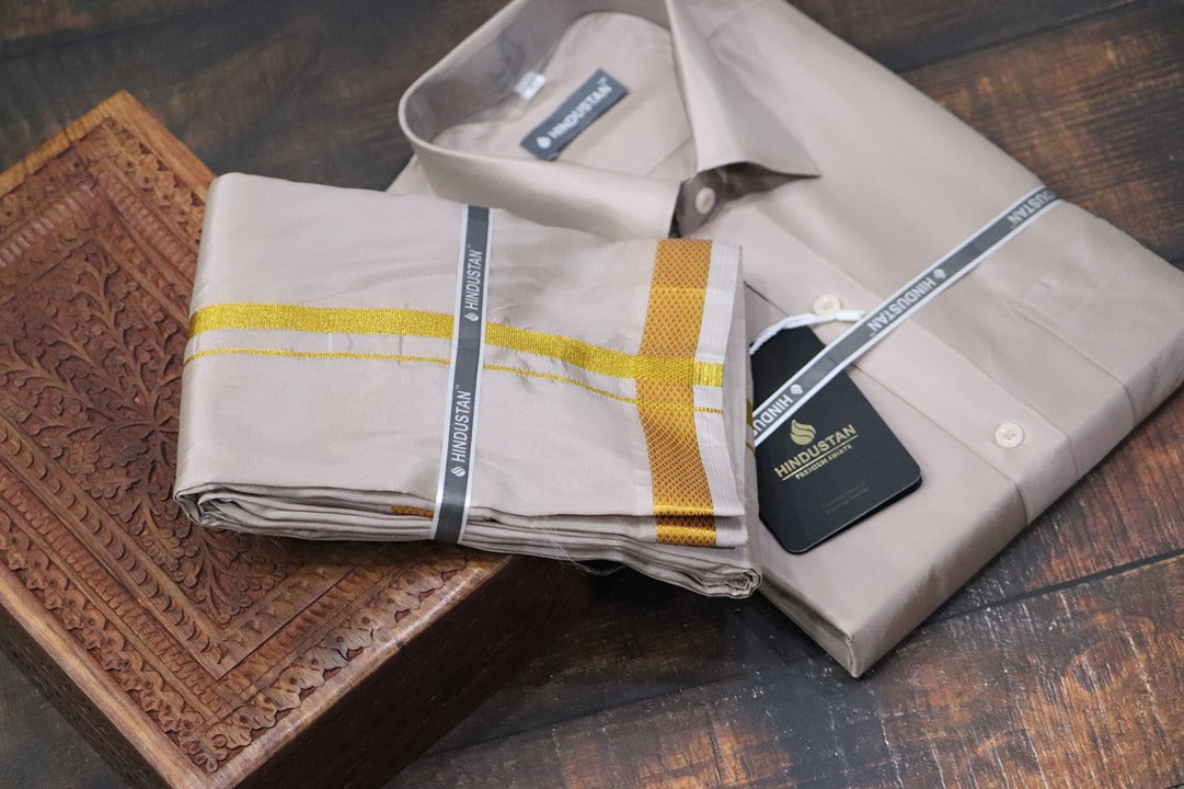 Artsilk Sandstone Shirt + Dhoti with 50k Gold Border Set - Full Sleeve