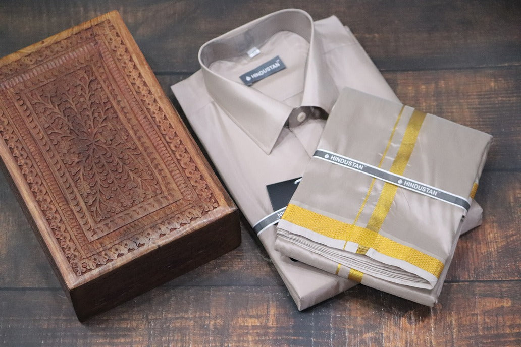 Artsilk Sandstone Shirt + Dhoti with 50k Gold Border Set - Full Sleeve