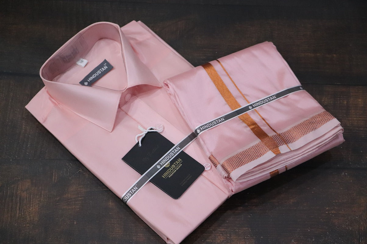 Artsilk Neon Pink Shirt + Dhoti with 50k Copper Border Set - Full Sleeve