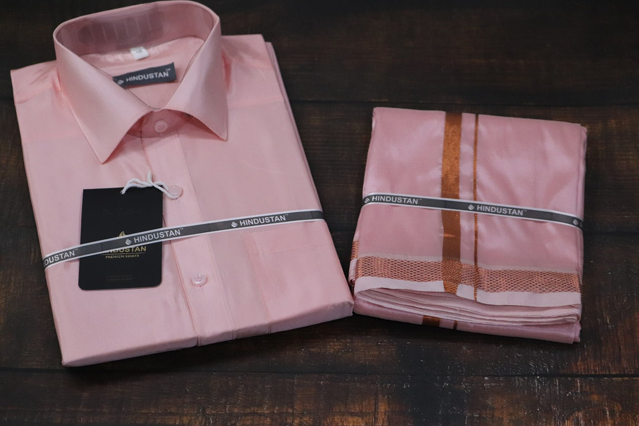 Artsilk Neon Pink Shirt + Dhoti with 50k Copper Border Set - Full Sleeve