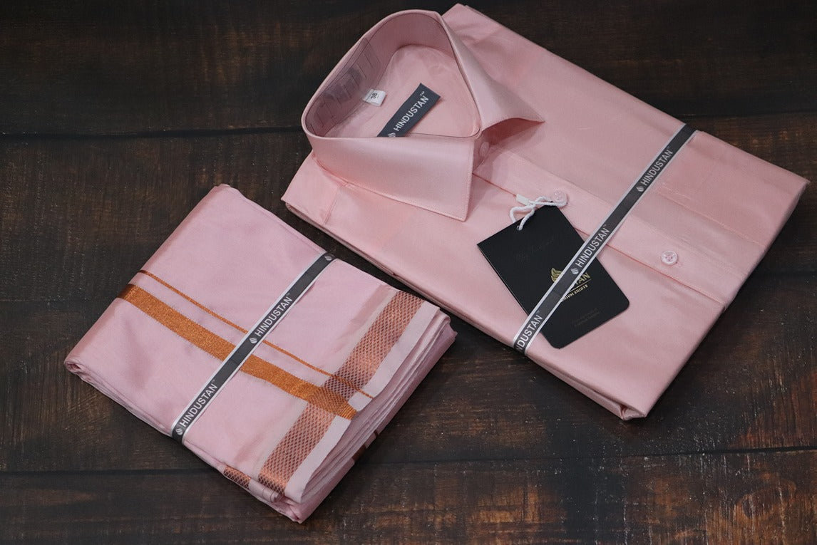 Artsilk Neon Pink Shirt + Dhoti with 50k Copper Border Set - Full Sleeve