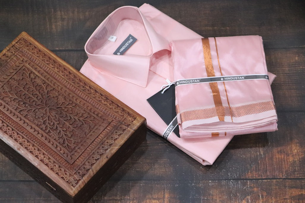 Artsilk Neon Pink Shirt + Dhoti with 50k Copper Border Set - Full Sleeve