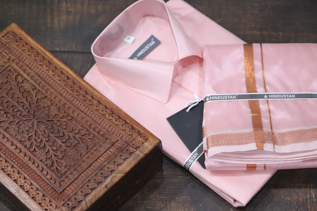 Artsilk Neon Pink Shirt + Dhoti with 50k Copper Border Set - Full Sleeve