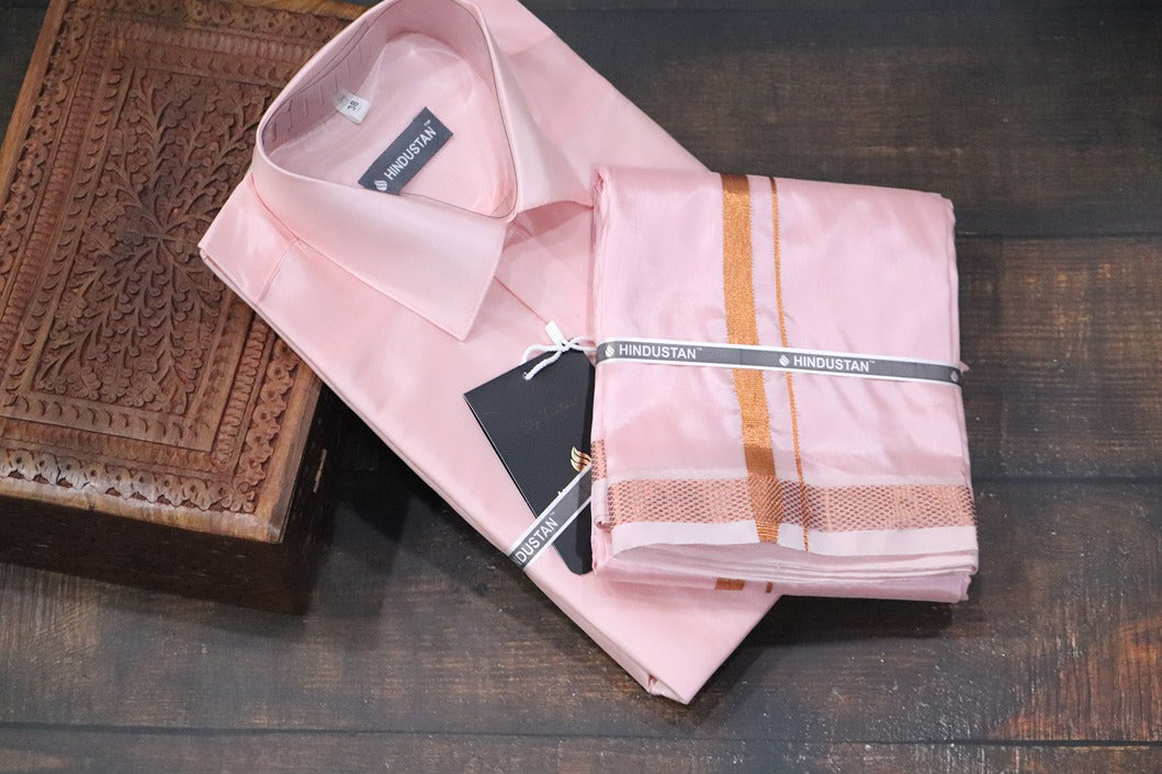 Artsilk Neon Pink Shirt + Dhoti with 50k Copper Border Set - Full Sleeve