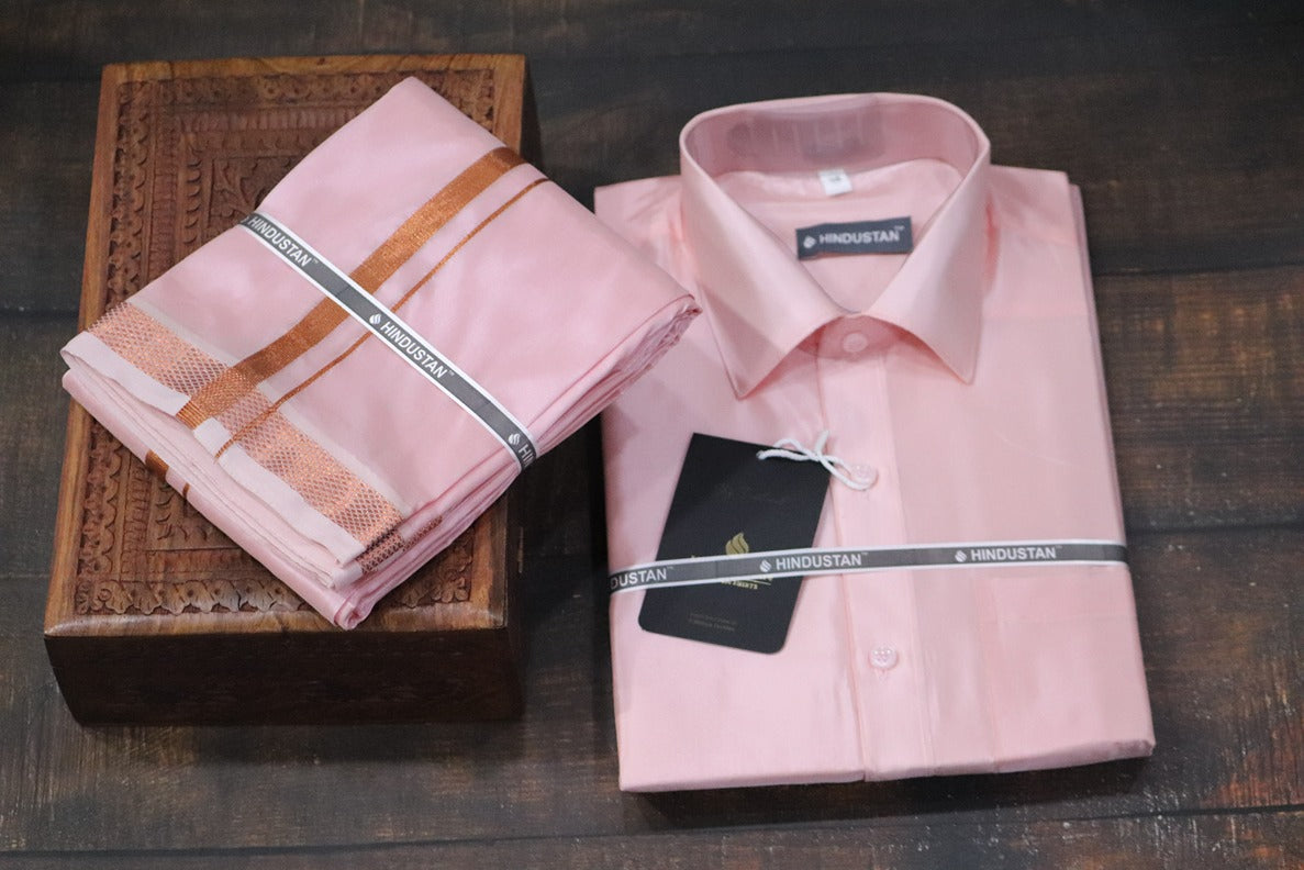 Artsilk Neon Pink Shirt + Dhoti with 50k Copper Border Set - Full Sleeve