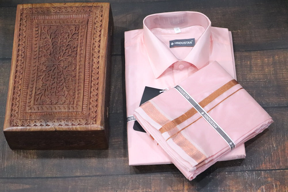 Artsilk Neon Pink Shirt + Dhoti with 50k Copper Border Set - Full Sleeve