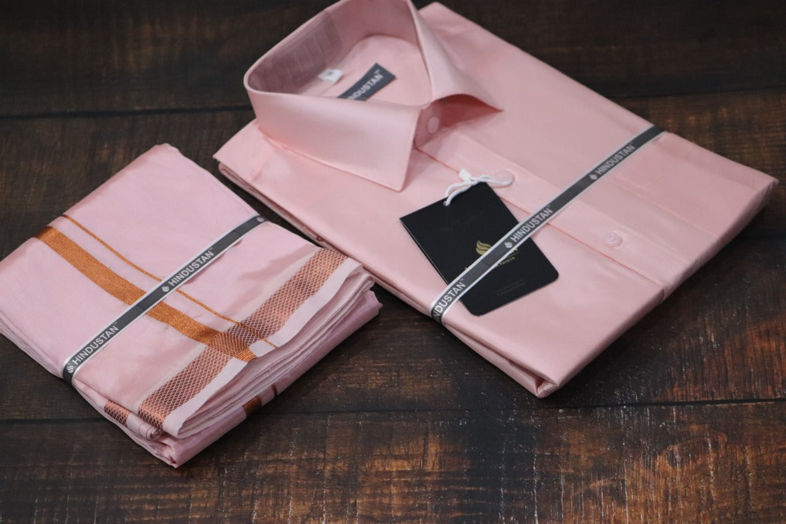 Artsilk Neon Pink Shirt + Dhoti with 50k Copper Border Set - Full Sleeve